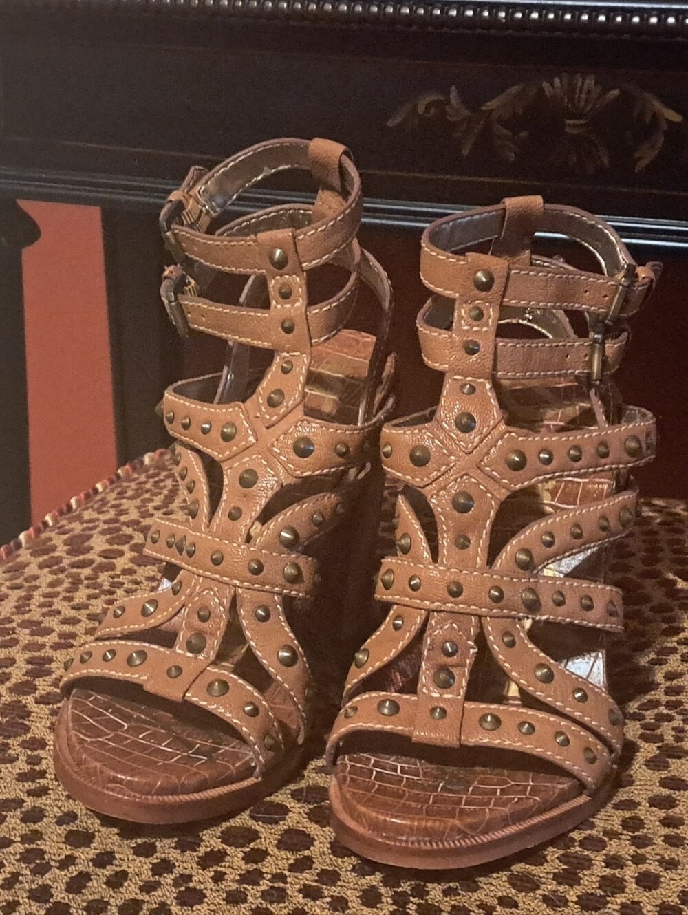 Braided Studded Strappy Wedge Sandals - Tan